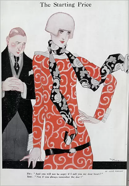 Caricature illustration, The Starting Price by Rene Vincent. Showing fashionable woman in tunic and scarf, with blushing gentleman standing behind her