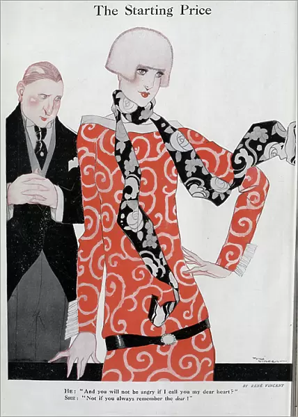 Caricature illustration, The Starting Price by Rene Vincent. Showing fashionable woman in tunic and scarf, with blushing gentleman standing behind her