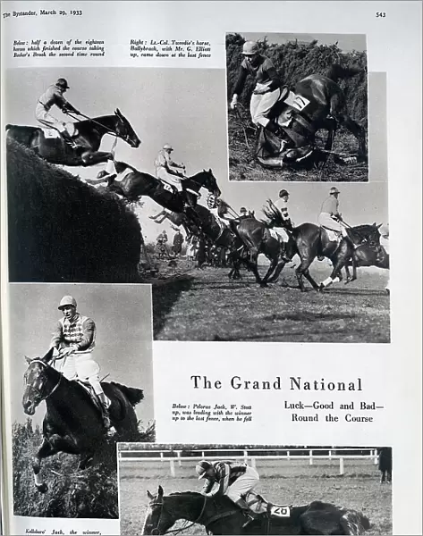 Photographs of the Grand National, including two falls, and group clearing Becher's Brook. Captioned, The Grand National: Luck - Good and Bad - Round the Course