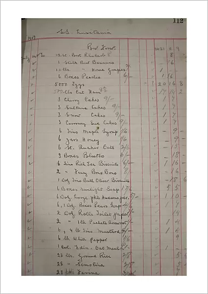 RMS Lusitania - ledger listing supplies prior to sailing