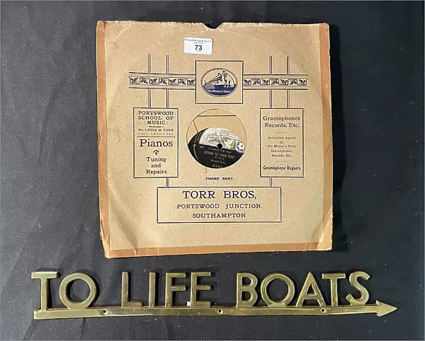 HMV 78rpm record, and brass To Life Boats sign