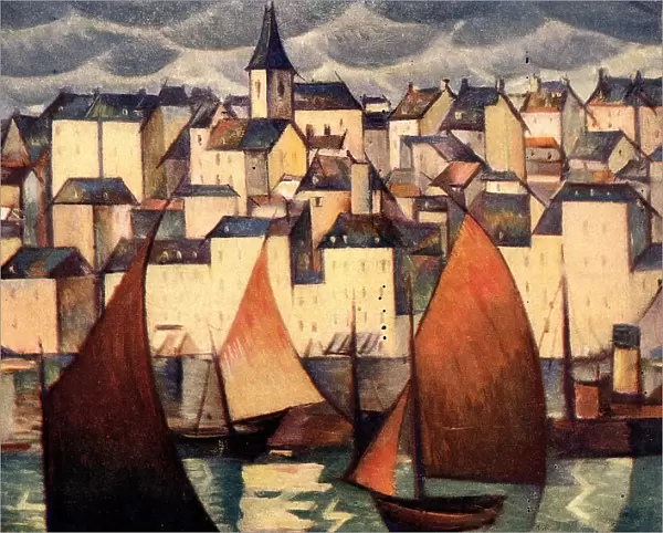 Boulogne. This oil painting shows a waterside scene of the city of Boulogne-sur-Mer