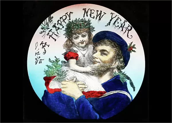 A Happy New Year magic lantern slide, Victorian period