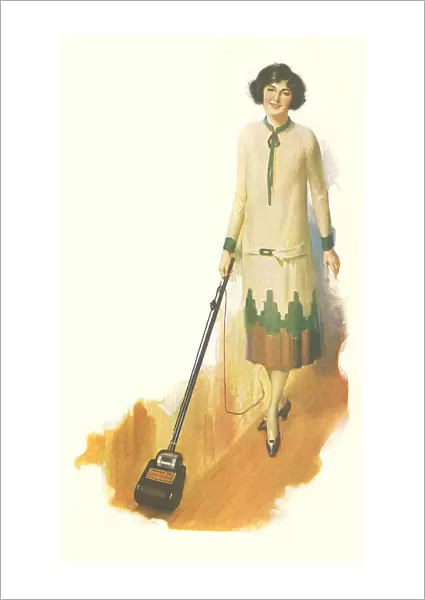 Hoovering - Housewife hoovering a floor surface. Date: 1923