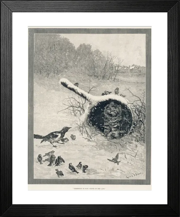 Framed Print : Louis Wain Print: Cat Occupies Cooking Pot in Snow