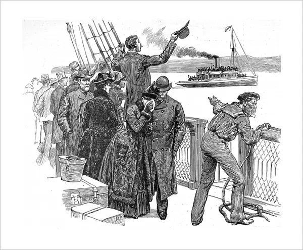 Passengers on a Trans-Atlantic steamer waving goodbye to the