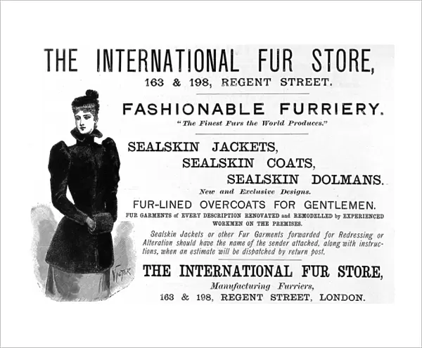 Fur store. Advertisement for the International Fur Store of Regent Street from 1892