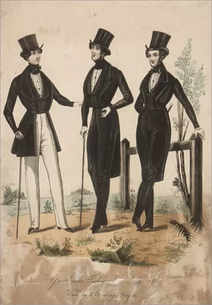 Mens fashions from the early 19th century showing slimline frock coats