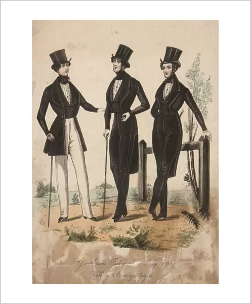 Mens fashions from the early 19th century showing slimline frock coats
