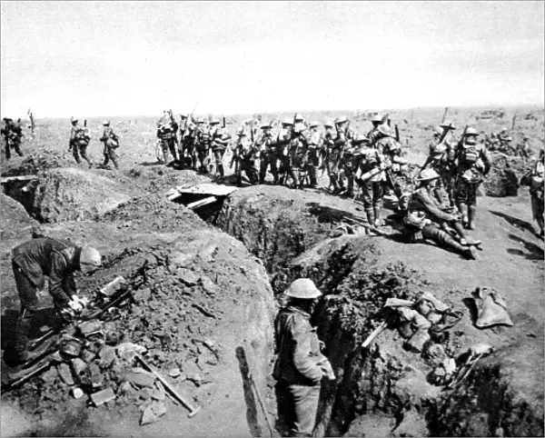 British soldiers crossing a trench-bridge