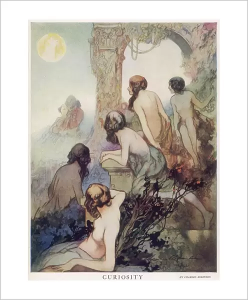 Curiosity. Group of nymphs watching a couple of lovers embracing under the moonlight