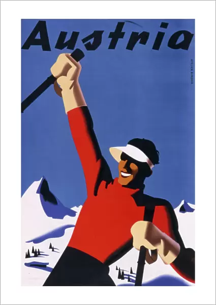 Austria. Tourism poster for Austria, with a skier in a sun visor against