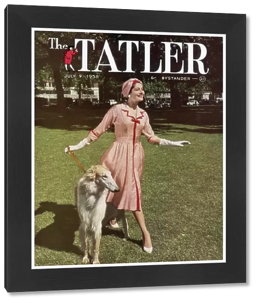 1958 Tatler cover: fashionable lady in a park