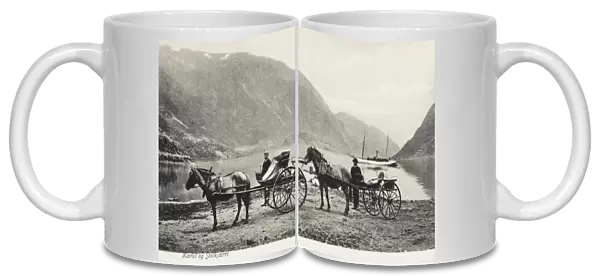 Norway - view of a Fjord with steamship and carriages