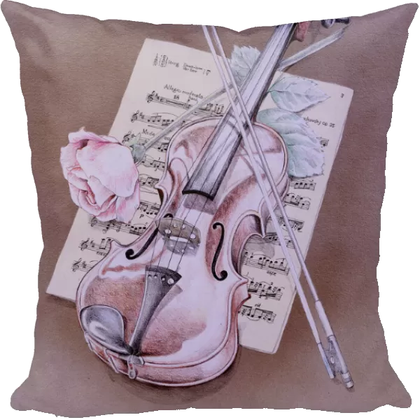 Sheet music, violin and pink rose