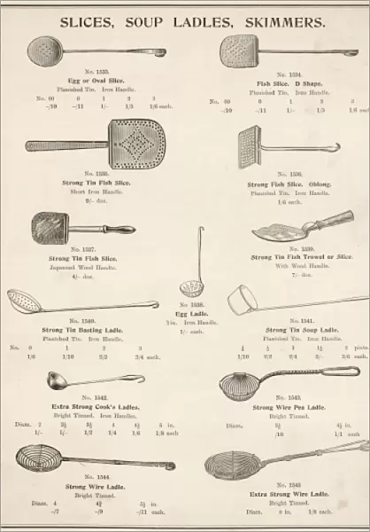 An assortment of slices, soup ladles and skimmers