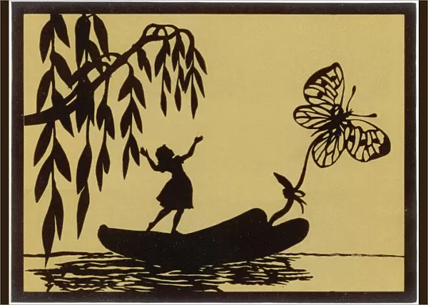 Thumbelina drawn by a butterfly down a stream