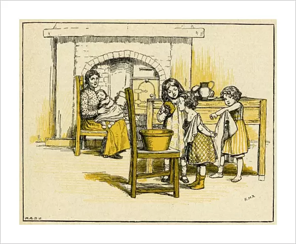 Children helping mother in the kitchen