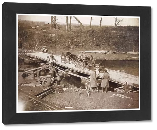 Soldiers building pontoon bridge, Flanders, WW1