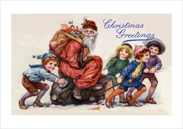 Santa on yule log with children