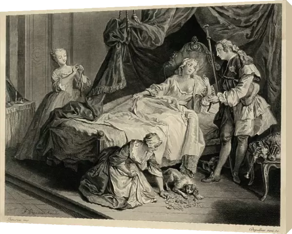 Bedroom scene with a couple, two servants and a dog