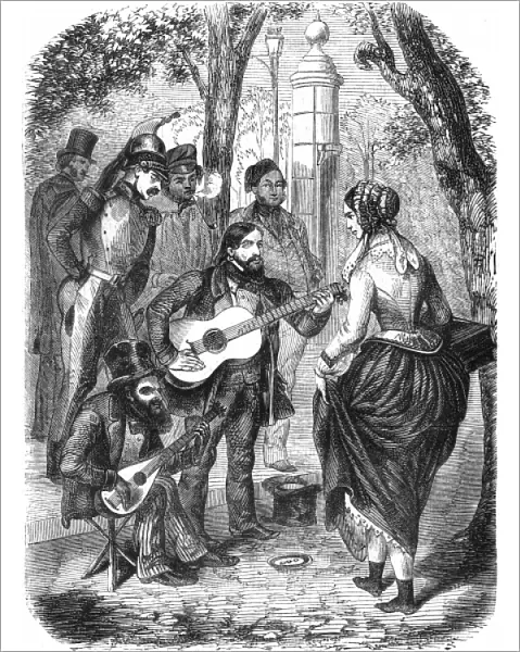 Street music: Gypsies playing guitar, 1855