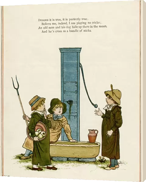 Three boys chatting at a water pump
