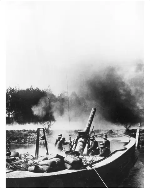 German 15cm gun on a barge, Aisne Canal, France, WW1