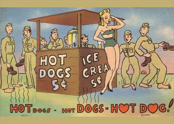 Saucy WWII Postcard - Hot Dog Stand