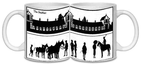 Silhouette of polo stables, horses and players