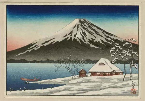Winter landscape with small snow-covered building on the coa