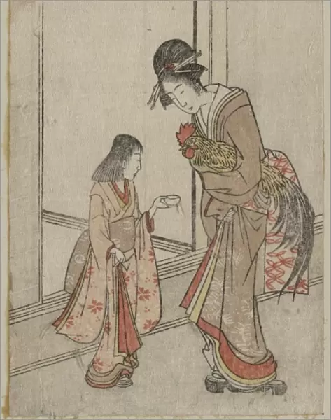 Woman holding a rooster accompanied by a young attendant
