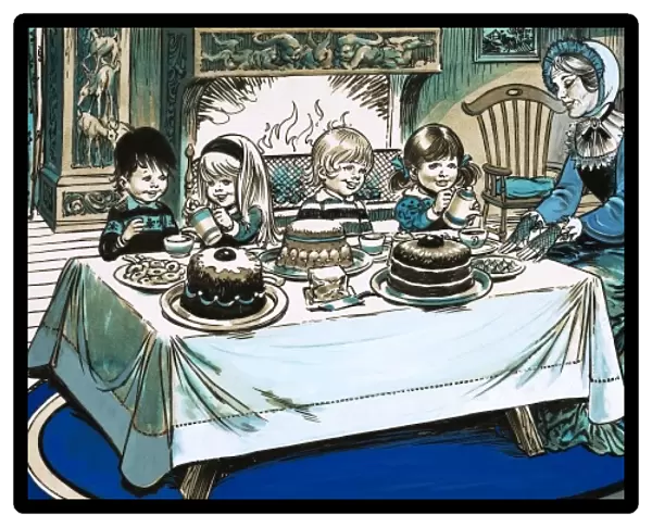 Unidentified scene of children eating a feast before a roari