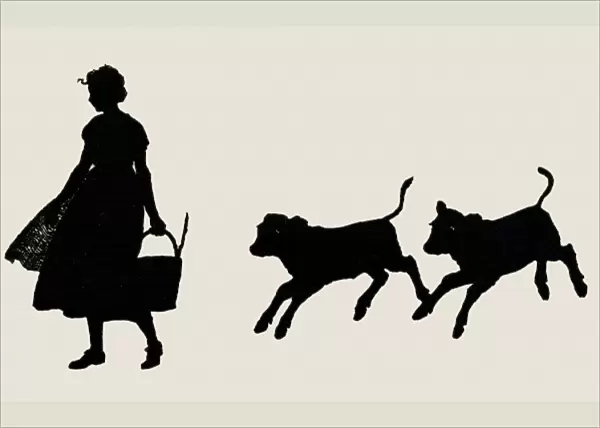 Silhouette of milkmaid and calves