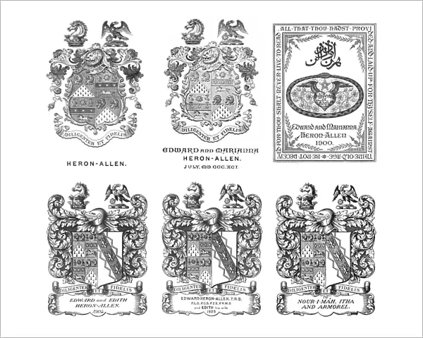 Book-plates showing Edward Heron-Allen crests