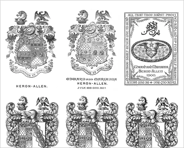 Book-plates showing Edward Heron-Allen crests
