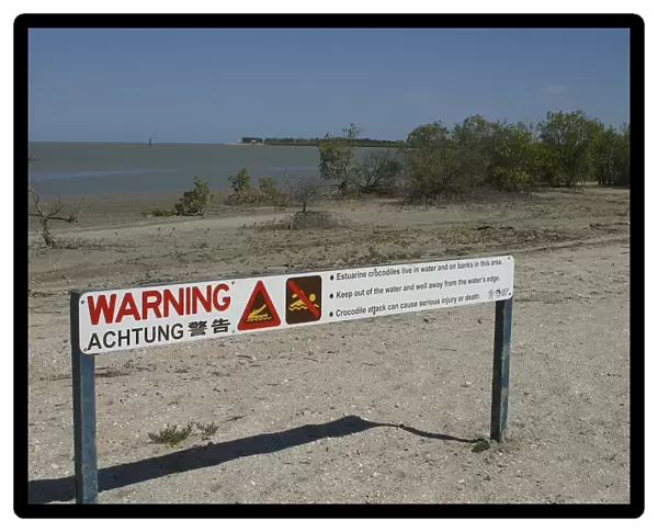 Crocodile warning sign Karumba Point, foreshore, Gulf of Carpentaria, Queensland, Australia