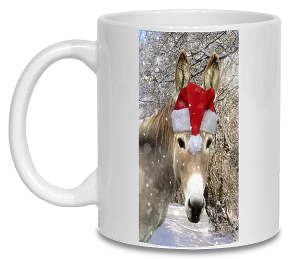 13131146. Donkey - wearing Christmas hat in snowy scene Date