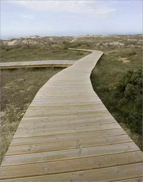 Long boardwalk over dunes to beach at Punta Fruxeira near Ferrol Northern Spain