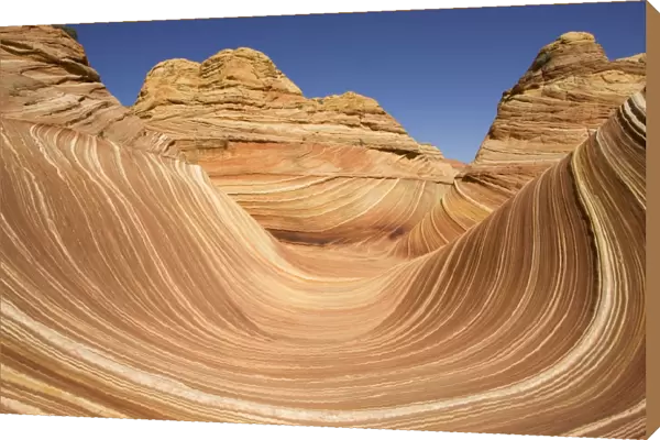USA - The Wave, a breathtaking work of art, naturally carved in beautiful red and yellow striated soft Navajo sandstone. North Coyote Buttes, Paria Canyon-Vermilion Cliffs Wilderness, Vermilion Cliffs National Monument, Arizona, USA