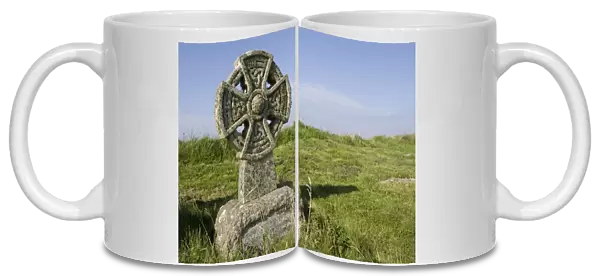 Churchyard - old celtic cross covered in lichens. Tintagel North Cornwall Coast UK