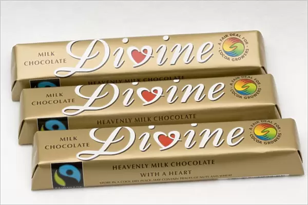 Bars of fairtraded Divine chocolate - with Fairtrade logo made with cocoa from Ghana in West Africa
