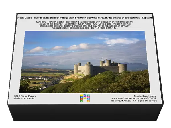 Harlech Castle - over looking Harlech village with Snowdon showing through the clouds in the distance - September - North Wales - UK