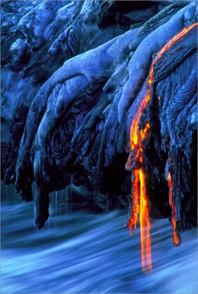 Molten pahoehoe lava flowing into the ocean