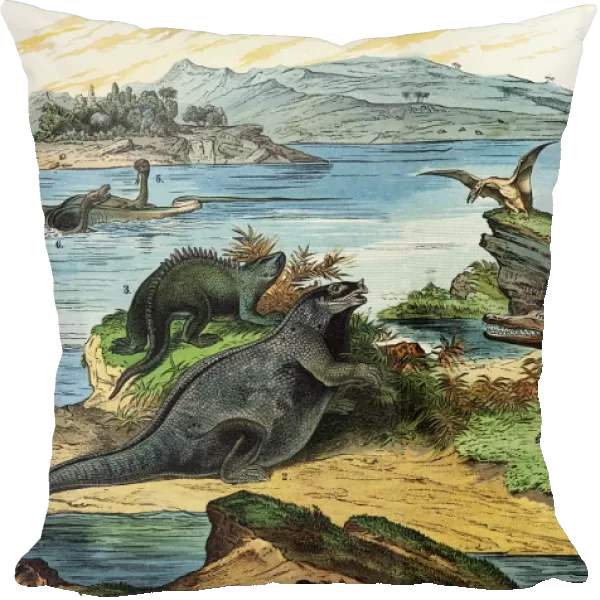 1888 colour litho of Jurassic dinosaurs