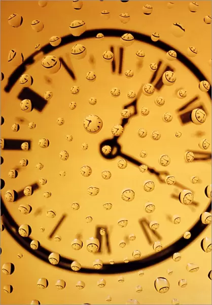 Clock face refracted in numerous water droplets
