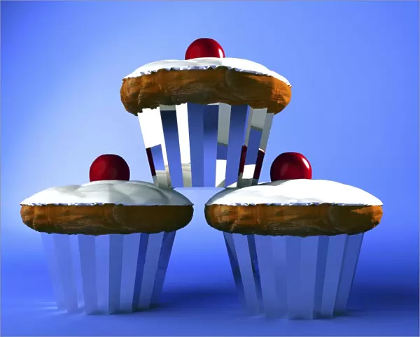 Cakes. Computer artwork of three iced cupcakes