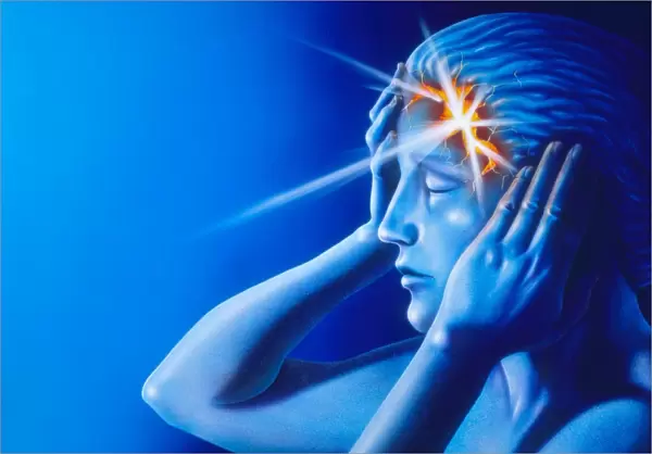Artwork of woman with head split showing headache
