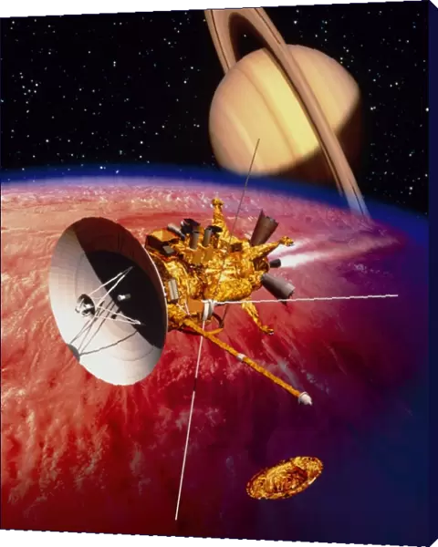 Artwork of the Cassini spacecraft near Titan