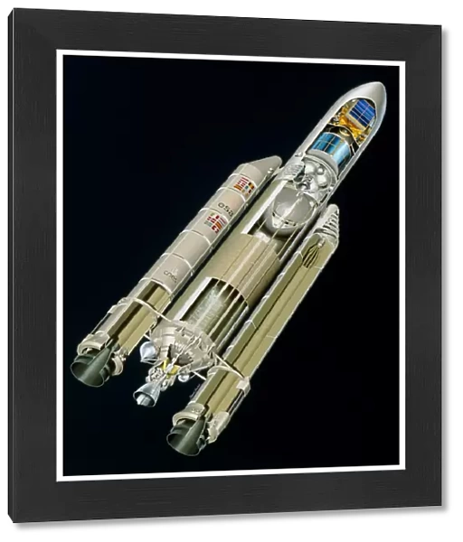 Artwork of the Ariane 5 launcher with 2 satellites